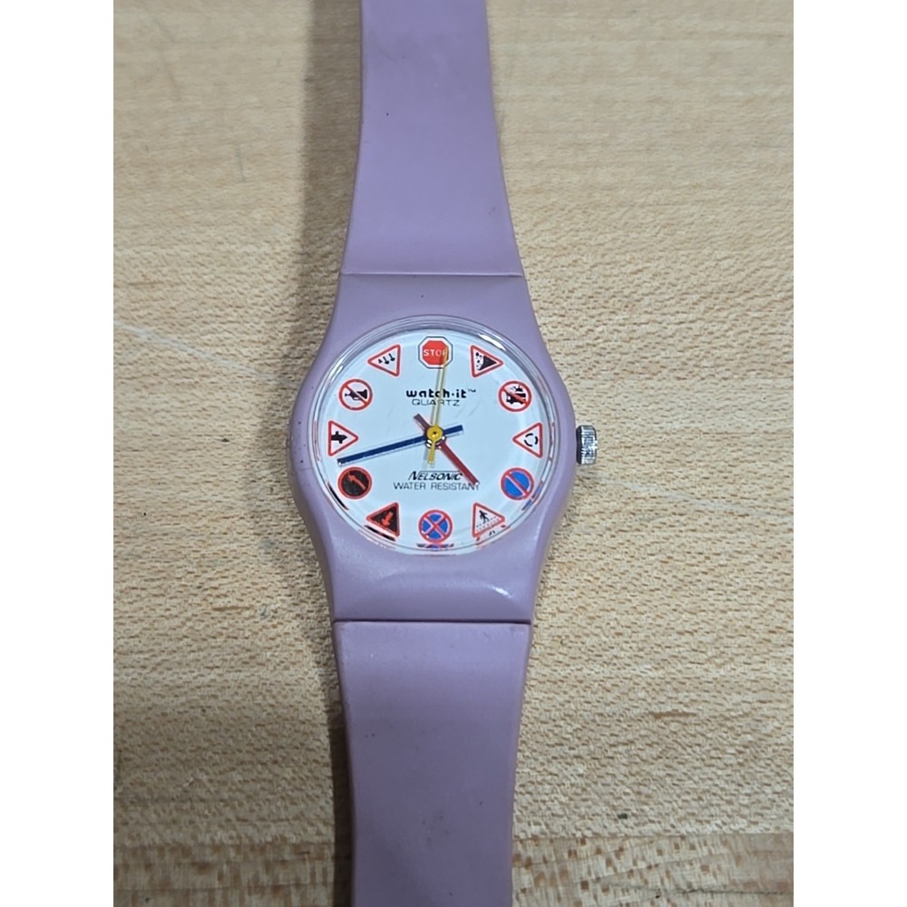 Vintage Nelsonic "Watch-It"‎ Watch Road Signs Purple Band New Battery 80s 90s